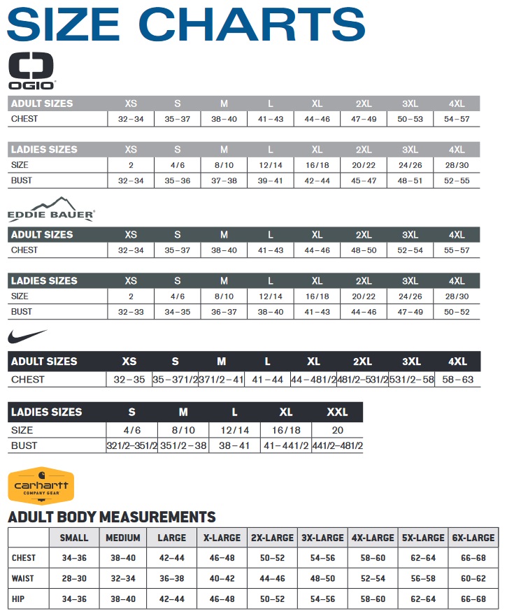 OGIO, Eddie Bauer, Nike & Carhartt Workwear Sizing Chart